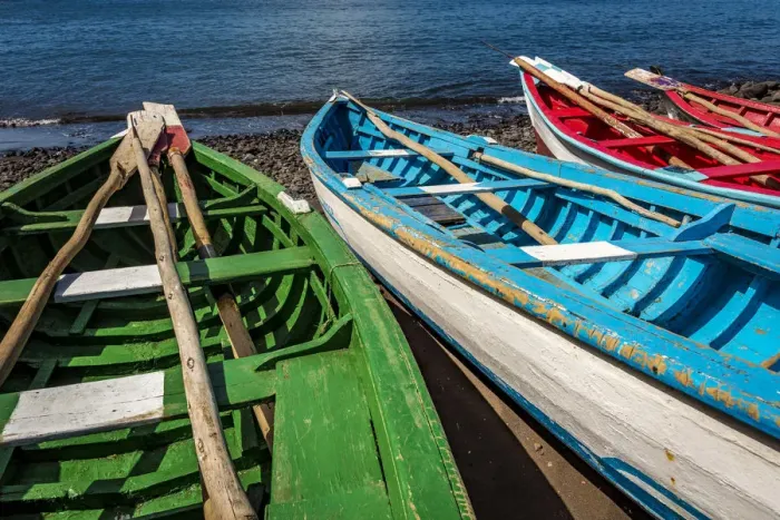 Framed Print : africa, Cape Verde, Santiago. Fishing boats in Cidade Velha