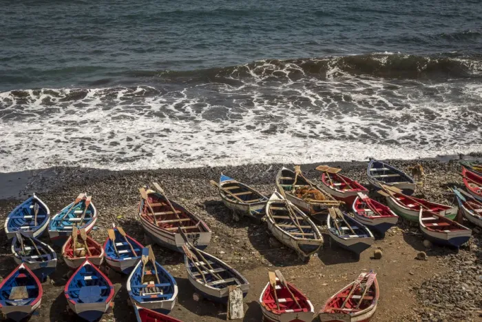 Framed Print : africa, Cape Verde, Santiago. Fishing boats in Pedra Badejo