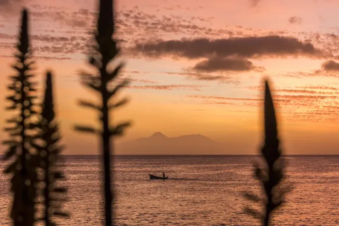 Framed Print : africa, Cape Verde, Santiago. sunset in Tarrafal with the volcano of Fogo in the far Framed Print : africa, Cape Verde, Santiago. sunset in Tarrafal with the volcano of Fogo in the far