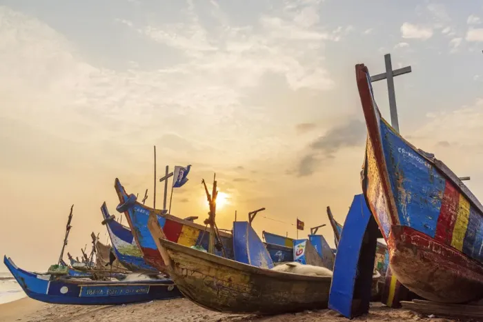Framed Print : Africa, Ghana, Elmina and surroundings. Traditional fishing boats on the beach in Framed Print : Africa, Ghana, Elmina and surroundings. Traditional fishing boats on the beach in