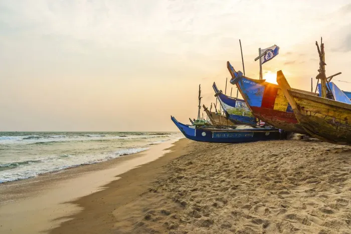 Framed Print : Africa, Ghana, Elmina and surroundings. Traditional fishing boats on the beach in Framed Print : Africa, Ghana, Elmina and surroundings. Traditional fishing boats on the beach in