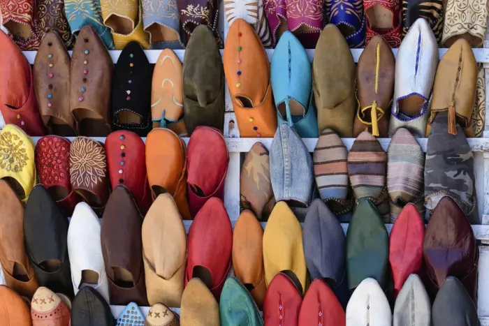 Framed Print : Africa, Maghreb, Morocco, Marrakesh Souk selling Babooshes
