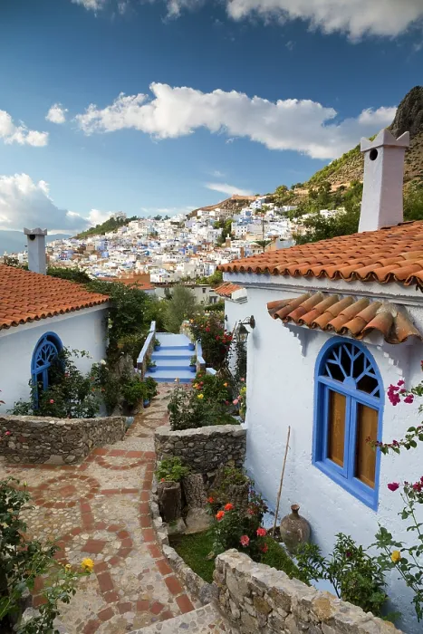 Framed Print : Africa, Morocco, Rif Mountains, Chefchaouen, Dar Chefchaouenhotel with the old town in the background