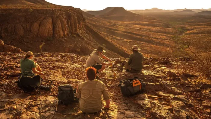 Framed Print : Africa, Namibia, Damaraland, Etendeka Plateau. A scenic sundowner setting