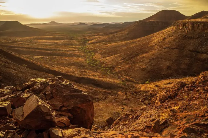 Framed Print : Africa, Namibia, Damaraland, Etendeka Plateau. A scenic sundowner setting Framed Print : Africa, Namibia, Damaraland, Etendeka Plateau. A scenic sundowner setting