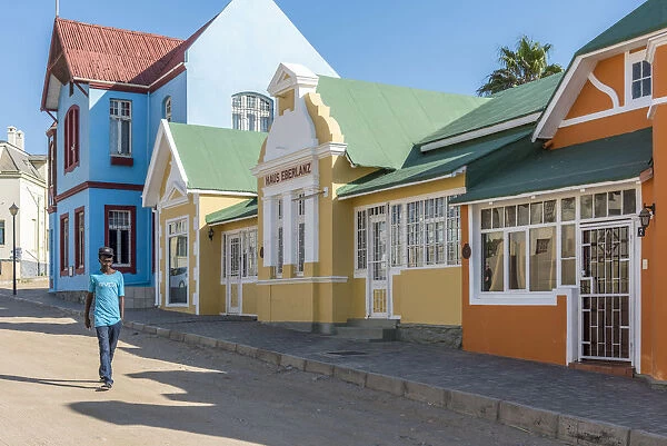 Africa, Namibia, LAoderitz. Colorful renovated German colonial houses