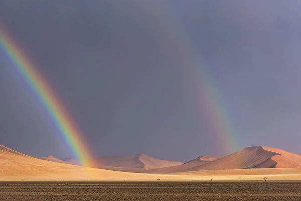 Africa, Namibia, Sossusvlei area. Thunderstorm with rainbows in the desert