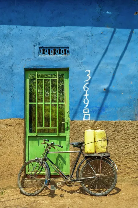 Framed Print : africa, Rwanda, Kivu Lake. A traditional house with a bicycle on the door on the Congo Nile Trail Framed Print : africa, Rwanda, Kivu Lake. A traditional house with a bicycle on the door on the Congo Nile Trail