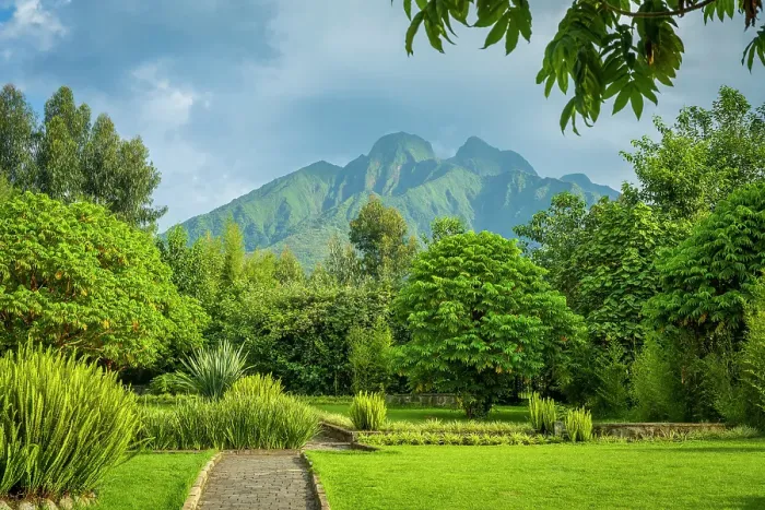 Framed Print : africa, Rwanda, Volcanoes National Park. The Park headquarters with the Mt. Sabinyo in the background Framed Print : africa, Rwanda, Volcanoes National Park. The Park headquarters with the Mt. Sabinyo in the background