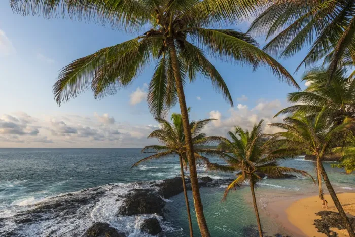 Framed Print : Africa, SA£o Toma and Principe. View towards beautiful Praia Piscina in Sao Toma