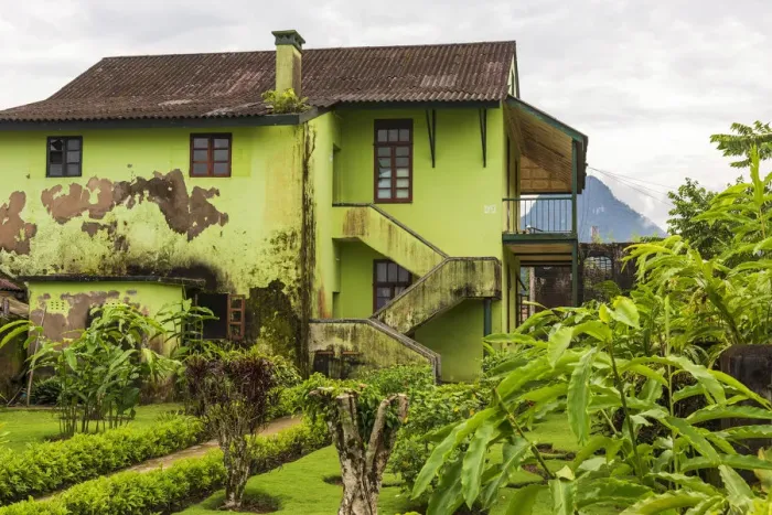 Framed Print : Africa, Sao Tome and Principe. Typical building with garden in Framed Print : Africa, Sao Tome and Principe. Typical building with garden in