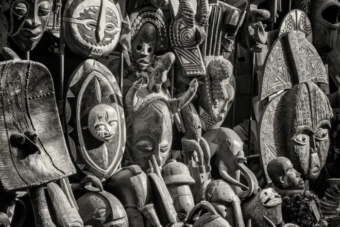 Framed Print : Africa, Senegal, Dakar. Artisanal wooden masks outside the food market
