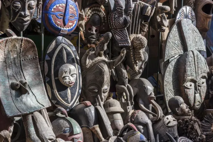 Framed Print : Africa, Senegal, Dakar. Artisanal wooden masks outside the food market Framed Print : Africa, Senegal, Dakar. Artisanal wooden masks outside the food market