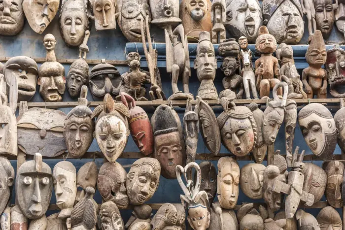 Framed Print : Africa, Senegal, Dakar. Artisanal wooden masks outside the food market Framed Print : Africa, Senegal, Dakar. Artisanal wooden masks outside the food market