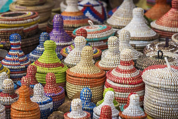 Africa, Senegal, Dakar. Handmade baskets on sale on the road towards Saint Louis