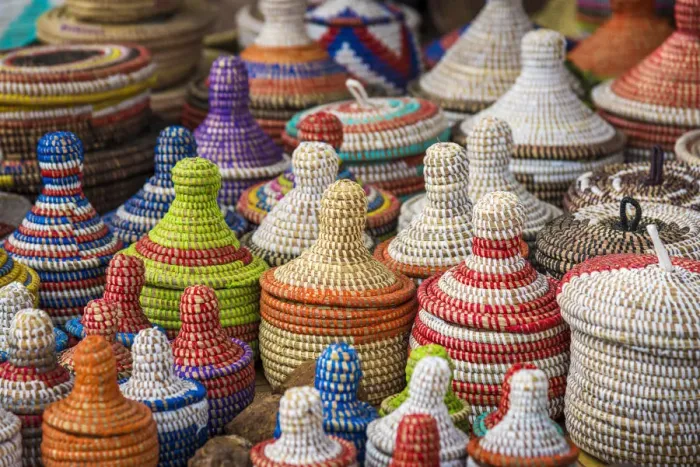 Framed Print : Africa, Senegal, Dakar. Handmade baskets on sale on the road towards Saint Louis