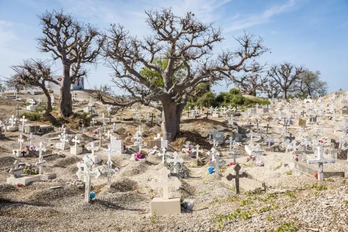 Framed Print : Africa, Senegal, Joal Fadiouth. The cemetery on the island built on sea shells