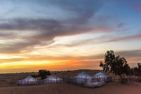 Africa, Senegal, Lompoul. The desert camp Ecolodge Lompoul at sunset