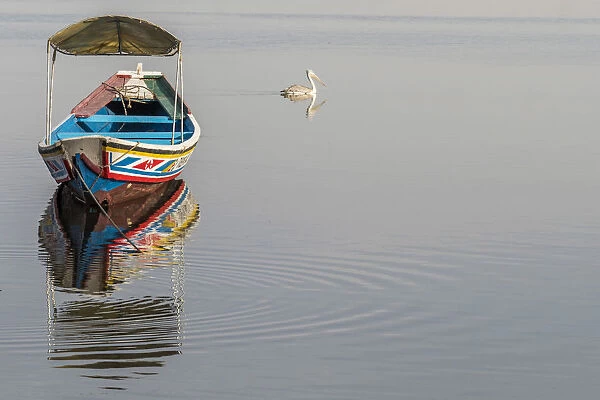 africa, Senegal, Sine-Saloum-Delta. Fishing boat reflecting in the water