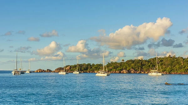 Africa, Seychelles, Praslin. Anse Lazio Sunset with catamaran boats