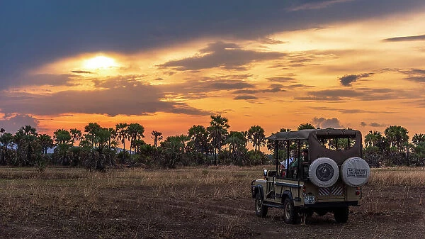 africa, Tanzania, Katavi National Park. A safari car at sunset