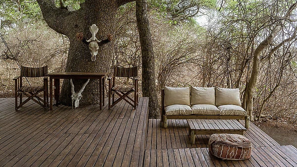 Africa, Tanzania, Katavi National Park. Lounge area in the Nomad camp