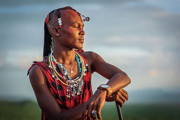 Africa, Tanzania, Manyara Region. Portrait of a young Msai warrior