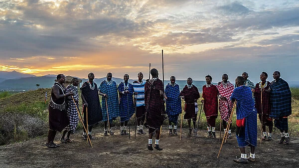 Africa, Tanzania, West Kilimanjaro. A group of Msai men dancing