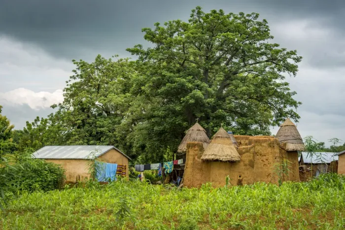 Framed Print : Africa, Togo, Koutammakou area. A village of the Batammariba people built in Framed Print : Africa, Togo, Koutammakou area. A village of the Batammariba people built in