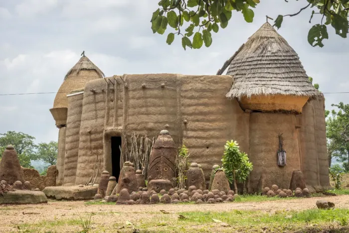 Framed Print : Africa, Togo, Koutammakou area. A village of the Batammariba people built in Framed Print : Africa, Togo, Koutammakou area. A village of the Batammariba people built in