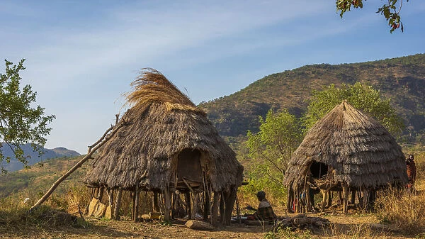 Africa, Uganda, Karamoja. Moroto. Dodoth village at the slopes of the Mount Moroto with the traditional buildings