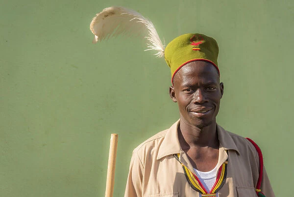 Africa, Uganda, Karamoja. Namalu. A young man during a wedding ceremony traditionally dressed