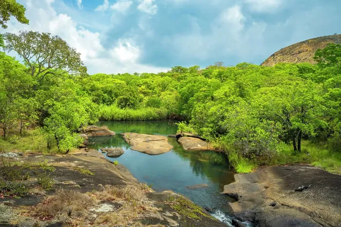 Framed Print : Africa, Zambia, Northern Zambia, Mutinondo Wilderness. The paradise pool surrounded by woodland