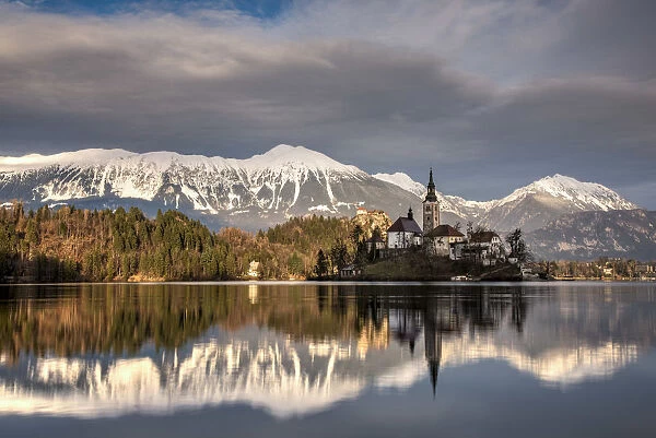 Afternoon sunlight over Church of the Assumption of Mary, Lake Bled, Upper Carniola