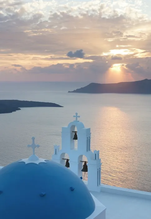Framed Print : Agios Theodori church at sunset, with the caldera in the distance, Firostephani, Santorini, Cyclades Islands, Greece, Europe Framed Print : Agios Theodori church at sunset, with the caldera in the distance, Firostephani, Santorini, Cyclades Islands, Greece, Europe