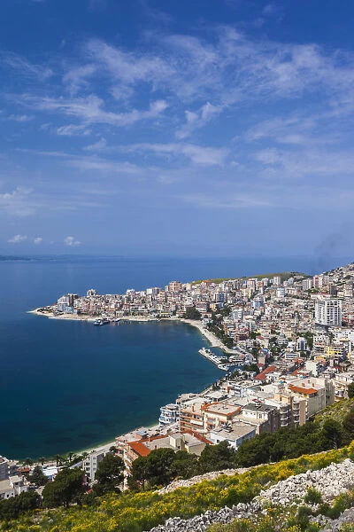 Albania, Albanian Riviera, Saranda, elevated city view