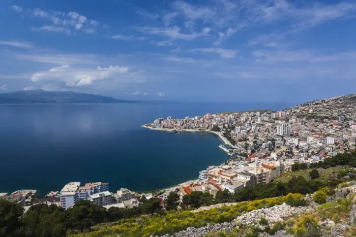 Framed Print : Albania, Albanian Riviera, Saranda, elevated city view Framed Print : Albania, Albanian Riviera, Saranda, elevated city view