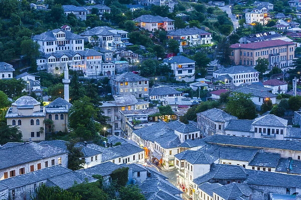 Albania, Gjirokastra, elevated town view from the castle, dusk