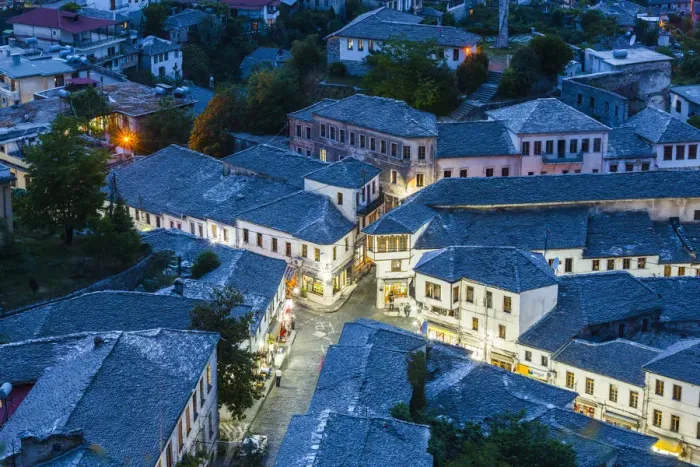 Framed Print : Albania, Gjirokastra, elevated town view from the castle, dusk Framed Print : Albania, Gjirokastra, elevated town view from the castle, dusk