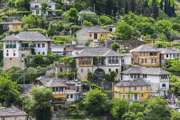 Albania, Gjirokastra, elevated view of Ottoman-era houses