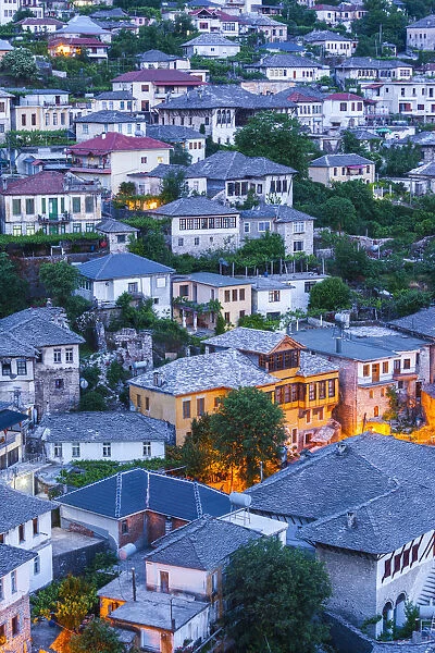 Albania, Gjirokastra, elevated view of Ottoman-era houses, dawn