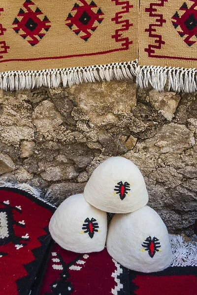 Albania, Kruja, town bazaar, Qeleshe traditional Albanian felt hats