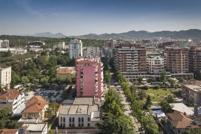Framed Print : Albania, Tirana, Blloku area, formerly used by Communist party elite, elevated view Framed Print : Albania, Tirana, Blloku area, formerly used by Communist party elite, elevated view