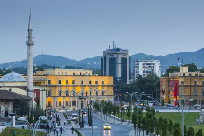 Framed Print : Albania, Tirana, Skanderbeg Square, elevated view, dusk Framed Print : Albania, Tirana, Skanderbeg Square, elevated view, dusk