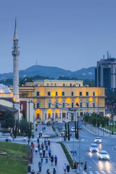Framed Print : Albania, Tirana, Skanderbeg Square, elevated view, dusk Framed Print : Albania, Tirana, Skanderbeg Square, elevated view, dusk