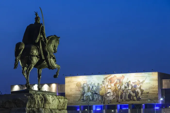 Framed Print : Albania, Tirana, Skanderbeg Square, statue of Skanderbeg and National Historical Museum
