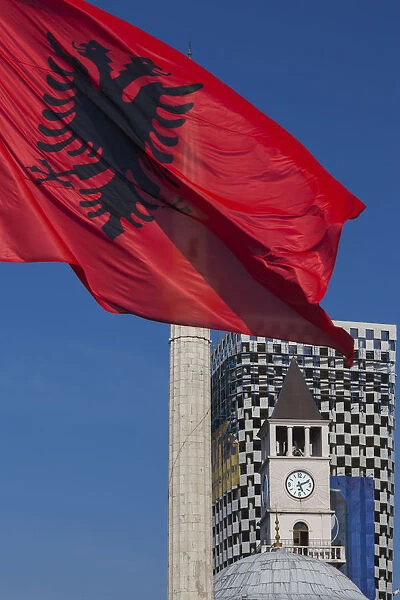 Albania, Tirana, Skanderbeg Square, Ethem Bey Mosque and Albanian flag