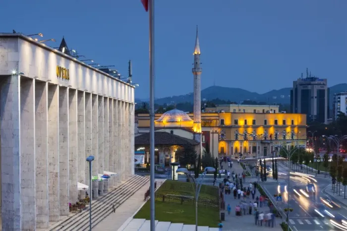 Framed Print : Albania, Tirana, Skanderbeg Square and Opera Building, dusk Framed Print : Albania, Tirana, Skanderbeg Square and Opera Building, dusk