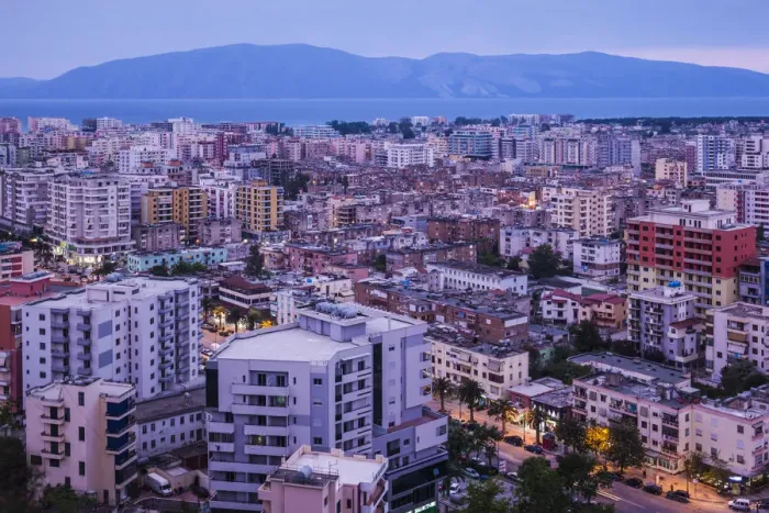Framed Print : Albania, Vlora, elevated city view, dusk Framed Print : Albania, Vlora, elevated city view, dusk