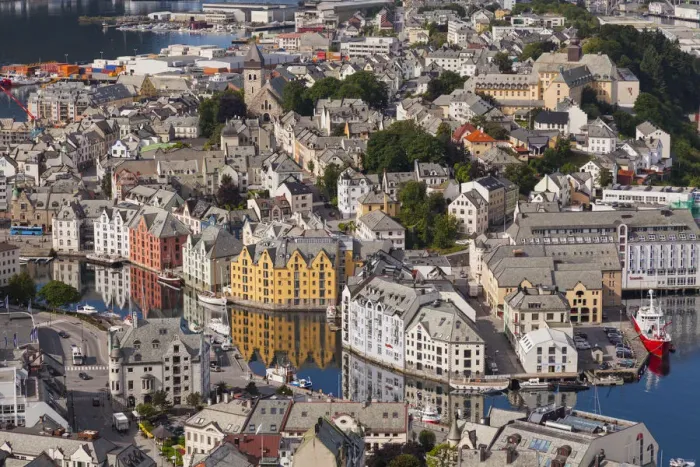 Framed Print : Alesund, Vestlandet, Norway. View from above of Alesund city, one of most important Framed Print : Alesund, Vestlandet, Norway. View from above of Alesund city, one of most important
